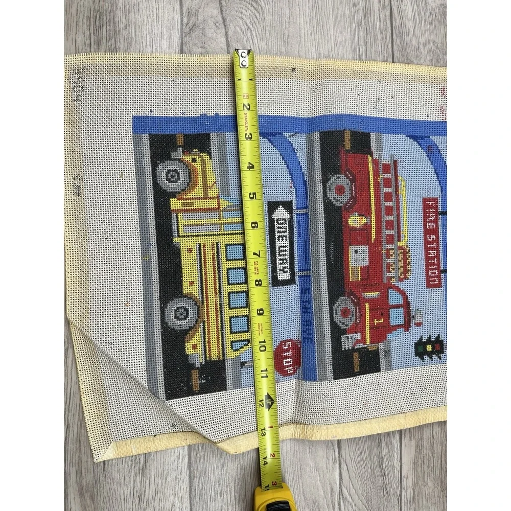Handpainted Needlepoint Canvas Fire Truck Police Car School Bus Train Airplane
